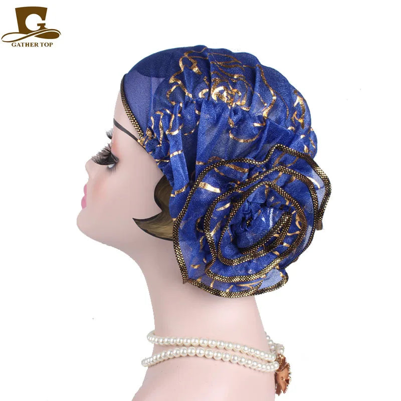 2025 Spring New Large Flower Turbans For Women Beauty Yarn Plate Jacquard Headwrap Lace Hat MuslimTurban Caps Islamic Headwear