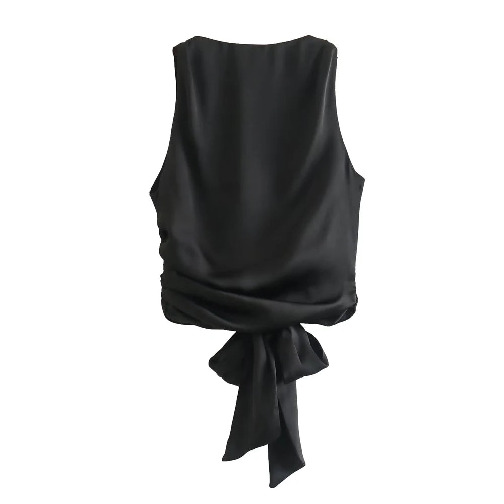 Tied Satin Back Open Crop Blouse