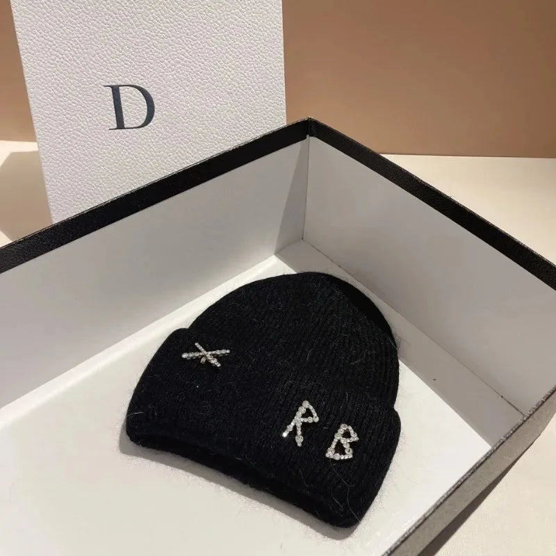 Real Rabbit Fur Diamonds Letter Beanie