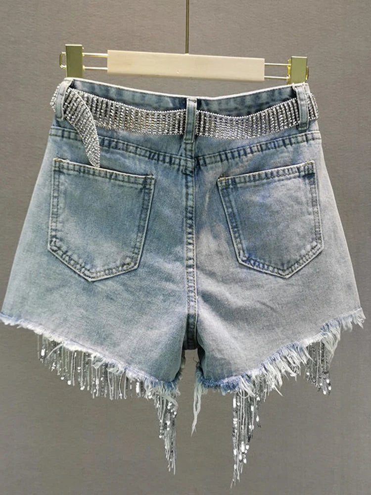 Tassel Beading High Waist Wide Leg Denim Shorts