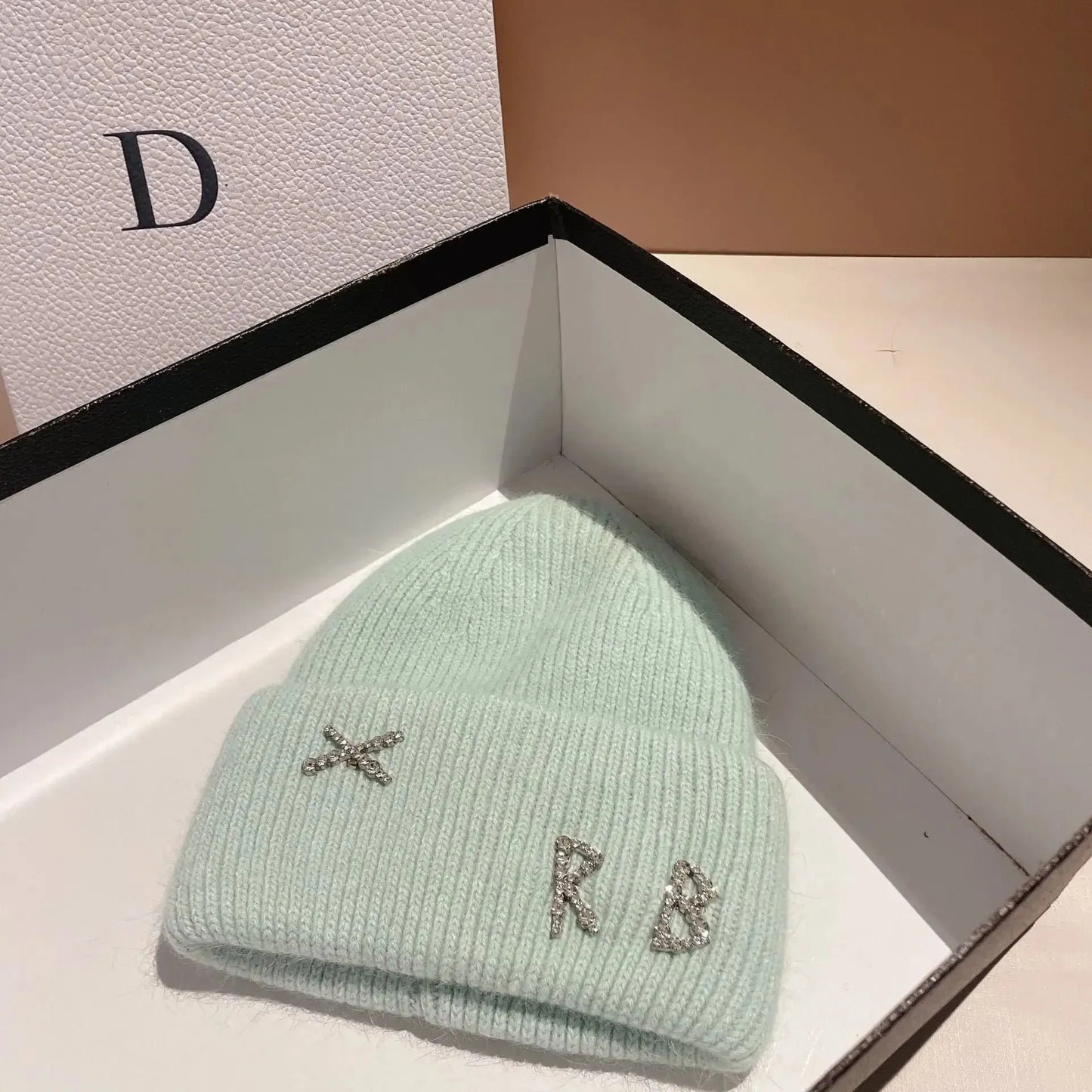 Real Rabbit Fur Diamonds Letter Beanie
