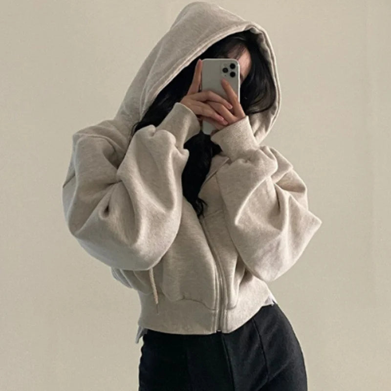 2025 Spring Autumn New Plus Size Insfleece-lined Cropped Slims Smooths Silhouette Zip-up Warm Navy Blue Hooded Sweatshirt Women