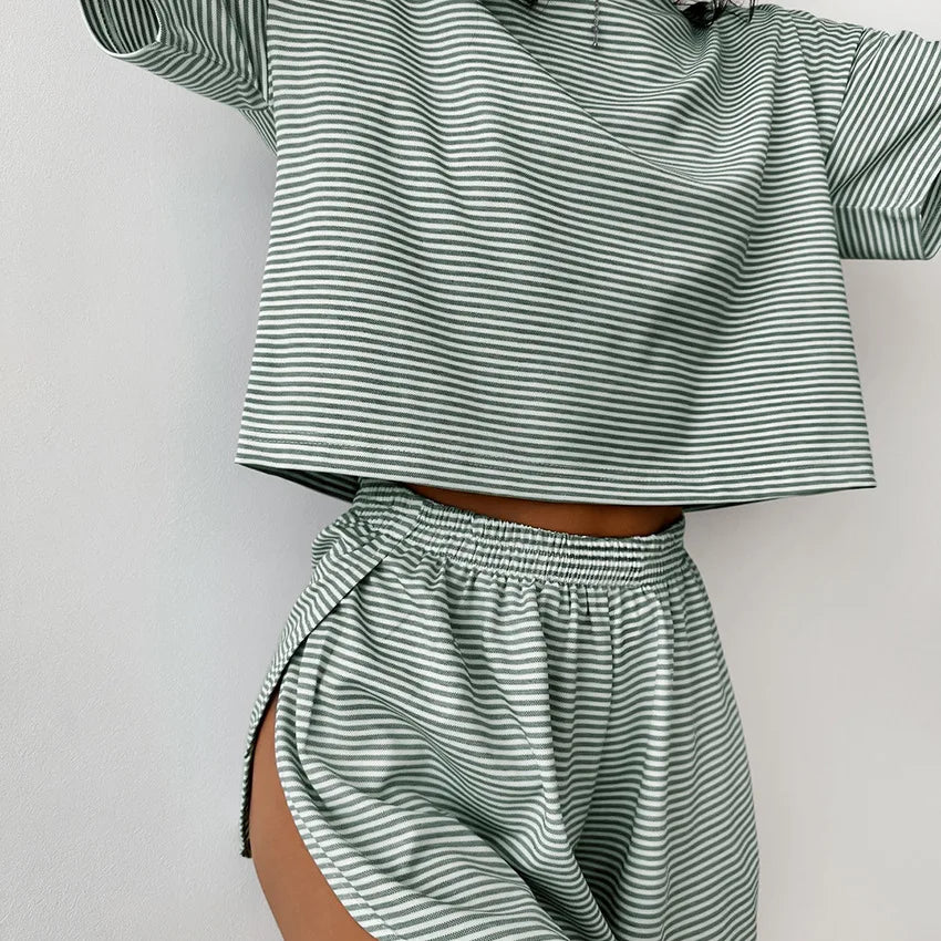 Knitting Stripes Pajamas Short Sleeve Shorts Set