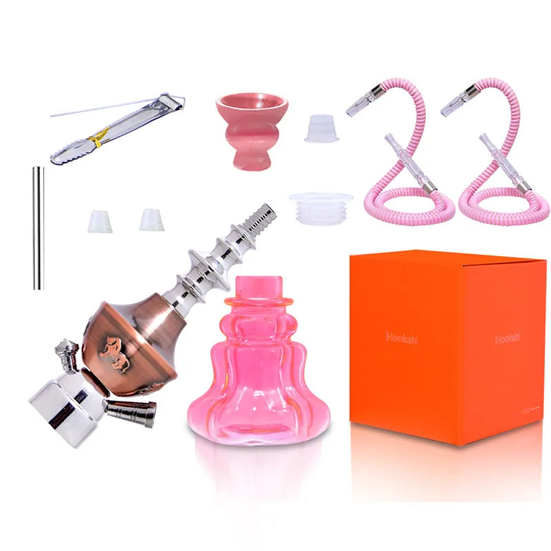 Arab Hookah Set Pink Bar Shisha Ceramic Bowl Double Hose Camping Shisha Narguile Chicha Complete Set Glass Hookah Accessories