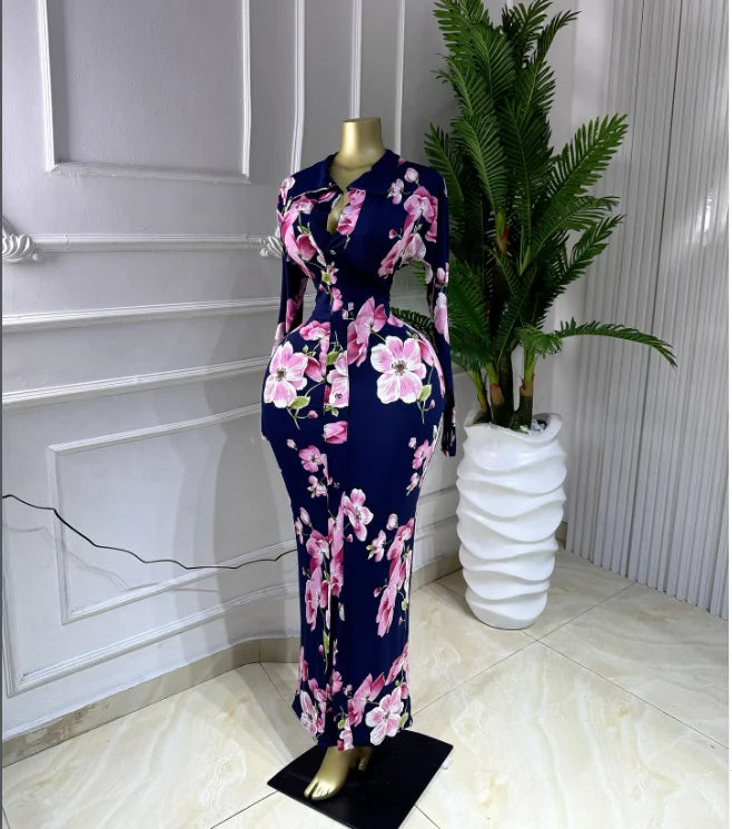 CM.YAYA Full Sleeve Floral Print Bodycon Long Dress