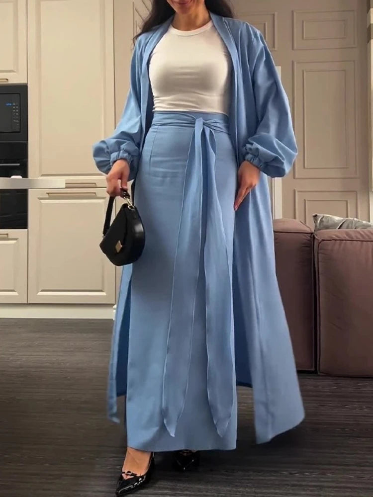 Eid Women Abaya with Skirt 2 Piece Set Muslim Dubai Vestidos Largos Party Caftan Jalabiya Ramadan Kaftan Arab Long Skirt 2025