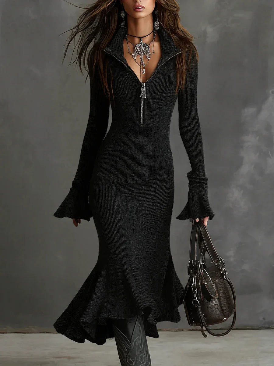 Slim Solid Color Turn-down Collar Long Sleeve Knitted Dress