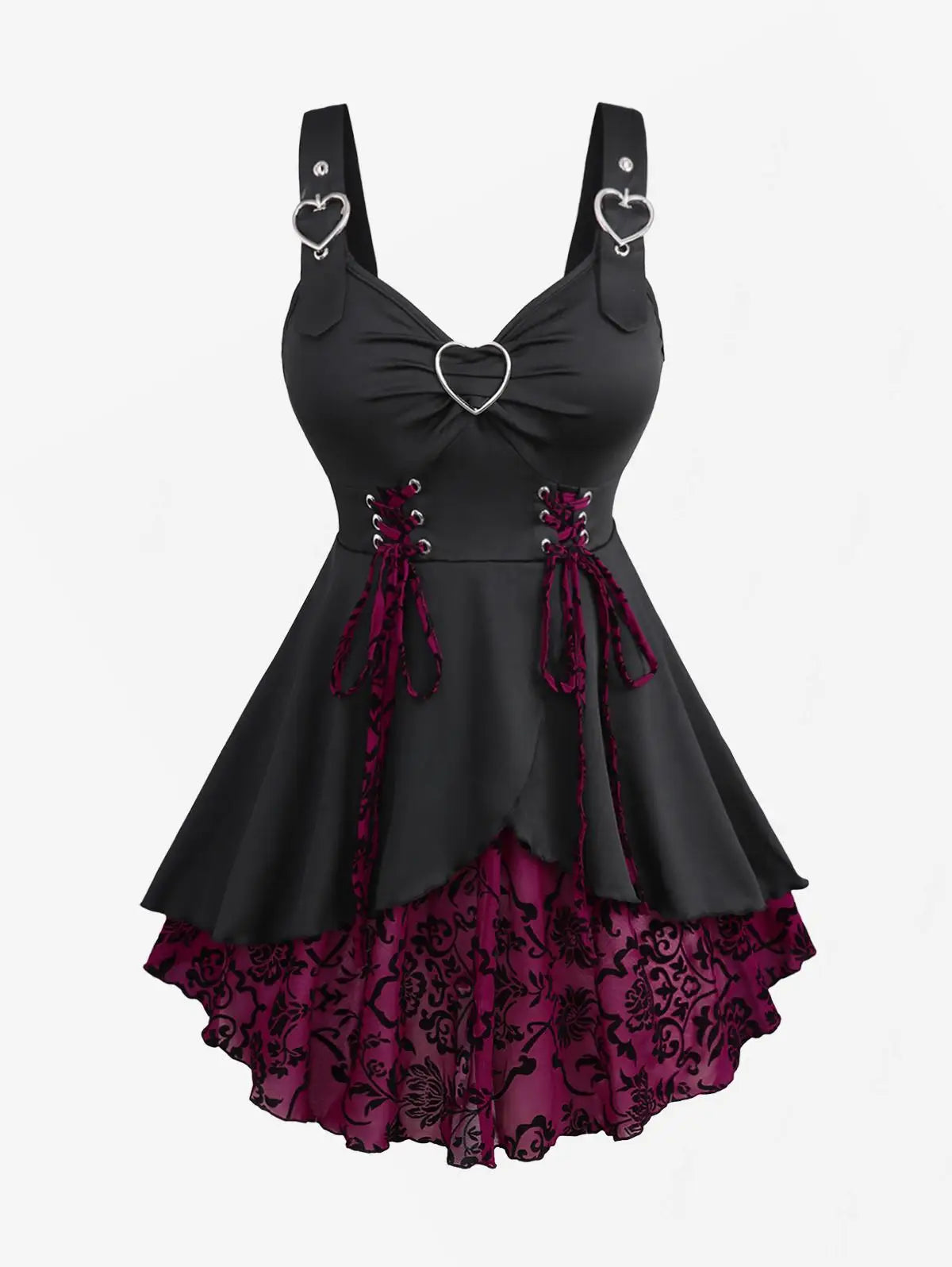 Floral Flocking Tulip Hem Layered Ruffles Lace Up Ruched Heart Buckles Tank Top