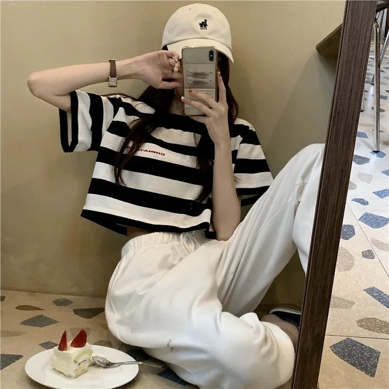 Black White Striped Cropped Top