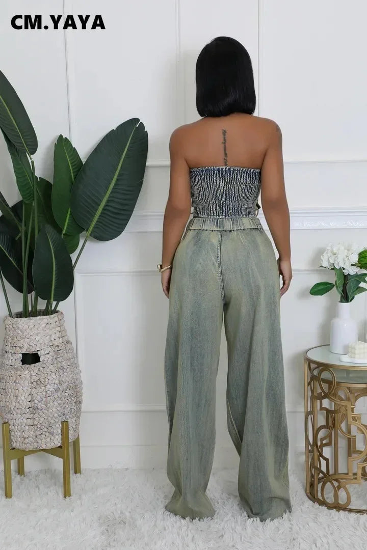 CM.YAYA Denim Set Sleeveless Strapless Top +Loose Jeans Pants