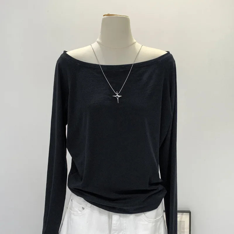 One Shoulder Cotton Slant Shoulder Long Sleeve Top