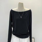 One Shoulder Cotton Slant Shoulder Long Sleeve Top