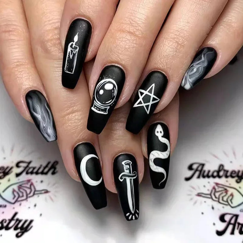 Sea Wave Carp Japanese Style Doodle False Nails Detachable Nude Pink Long Coffin Fake Nails with Glue Full Cover Press on Nails