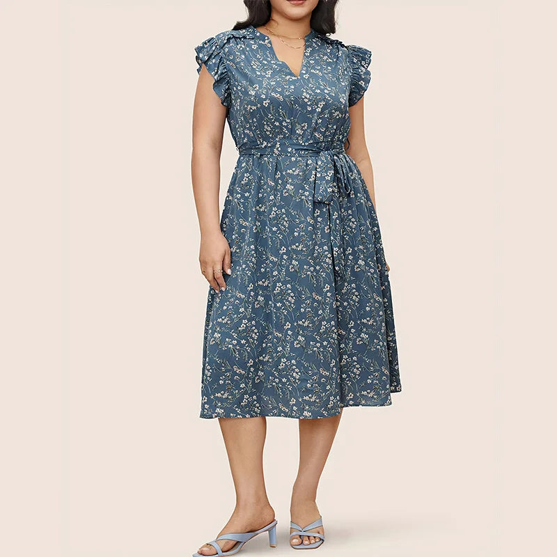 V-Neck Sleeveless Floral Print Dress with Ruffle Pockets