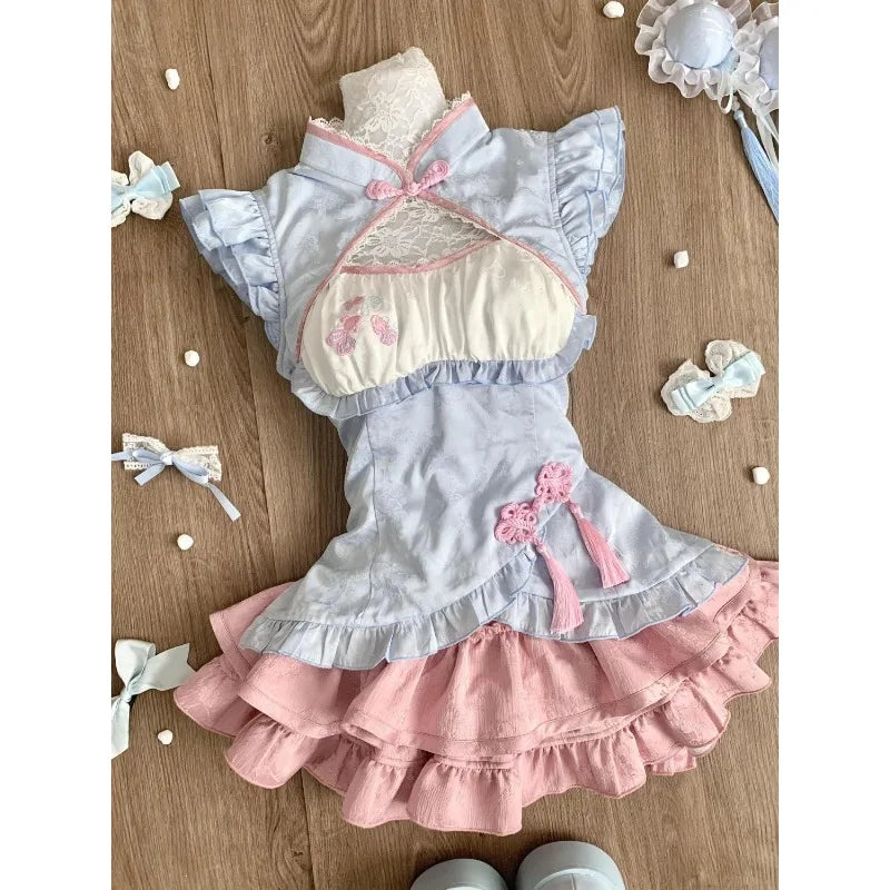 Lace Patchwork Top + Y2k Plaid Mini Skirt Set