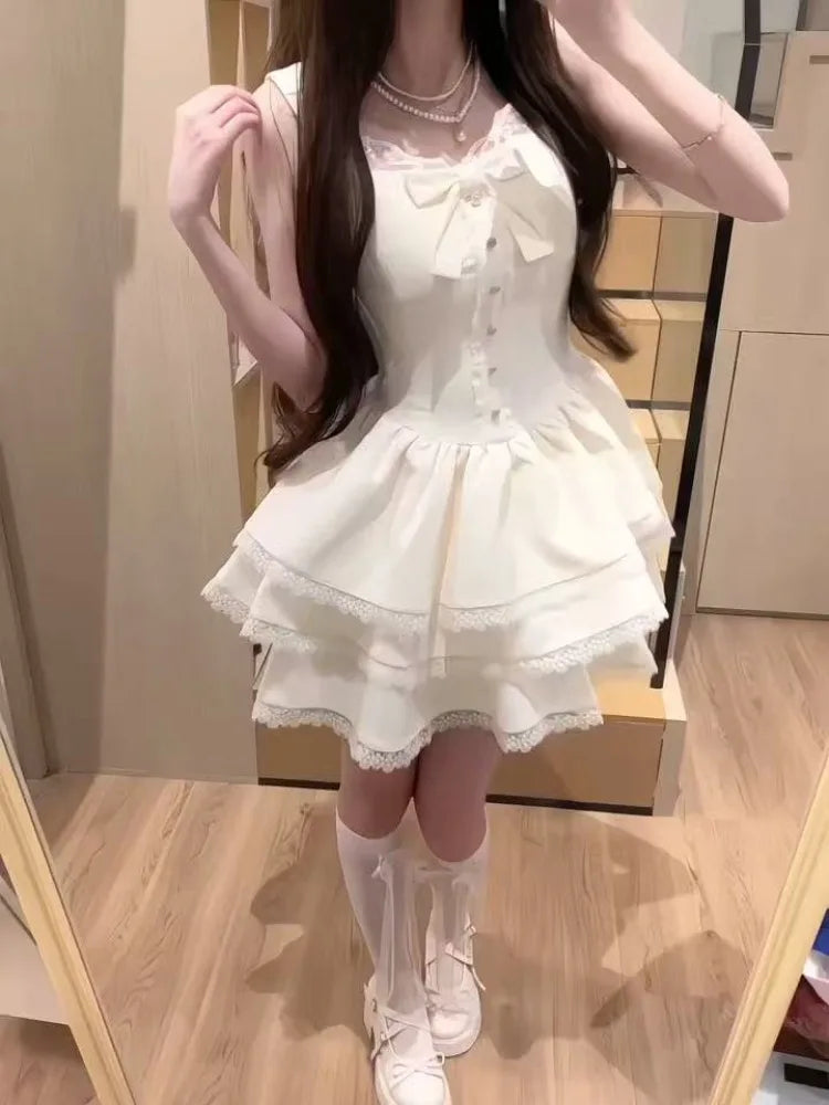 ZHUOLIN Sweet Bow Patchwork Solid Dress