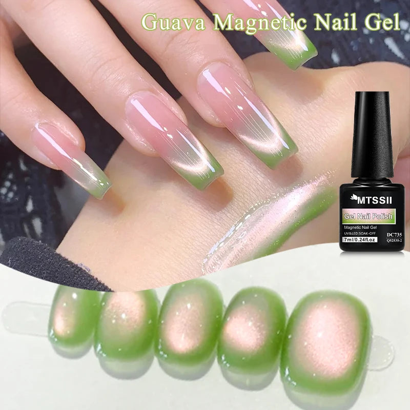MTSSII 7ml Guava Cat Magnetic Nail Gel Polish Soft Emerald Green Nail Art Varnishes Long Lasting UV/LED Manicure for Nails DIY