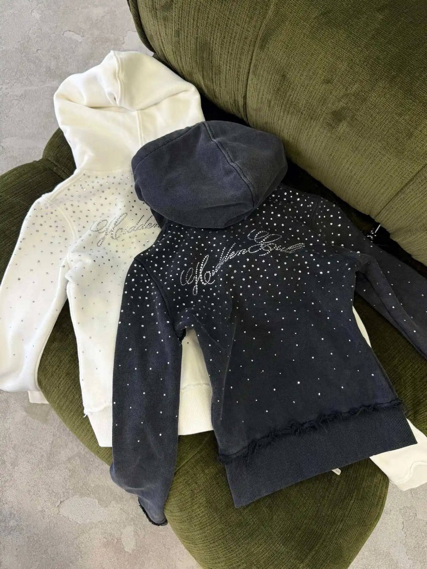Casual Set With Diamonds Hooded Sweatshirt Pant Set