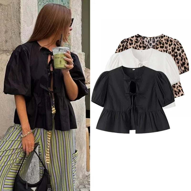 HXAO Frill Loose Fit Top Short Sleeve Crop Lace-Up Blouse