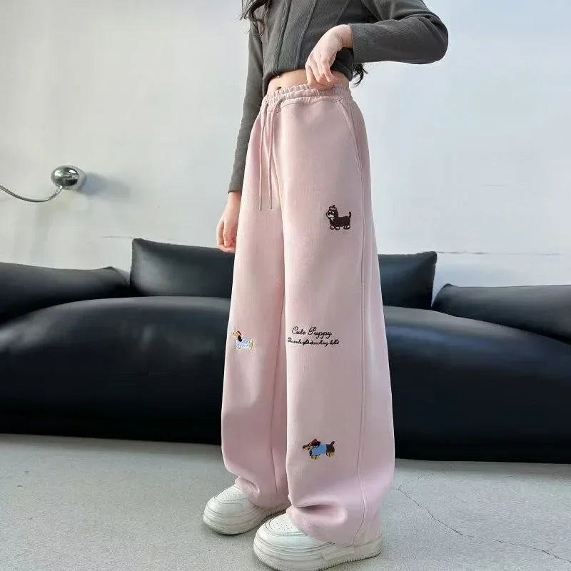 Side Striped Junior Girl Sports Pant Elastic Waist School Girl Straight Pant Dog Print Trouser