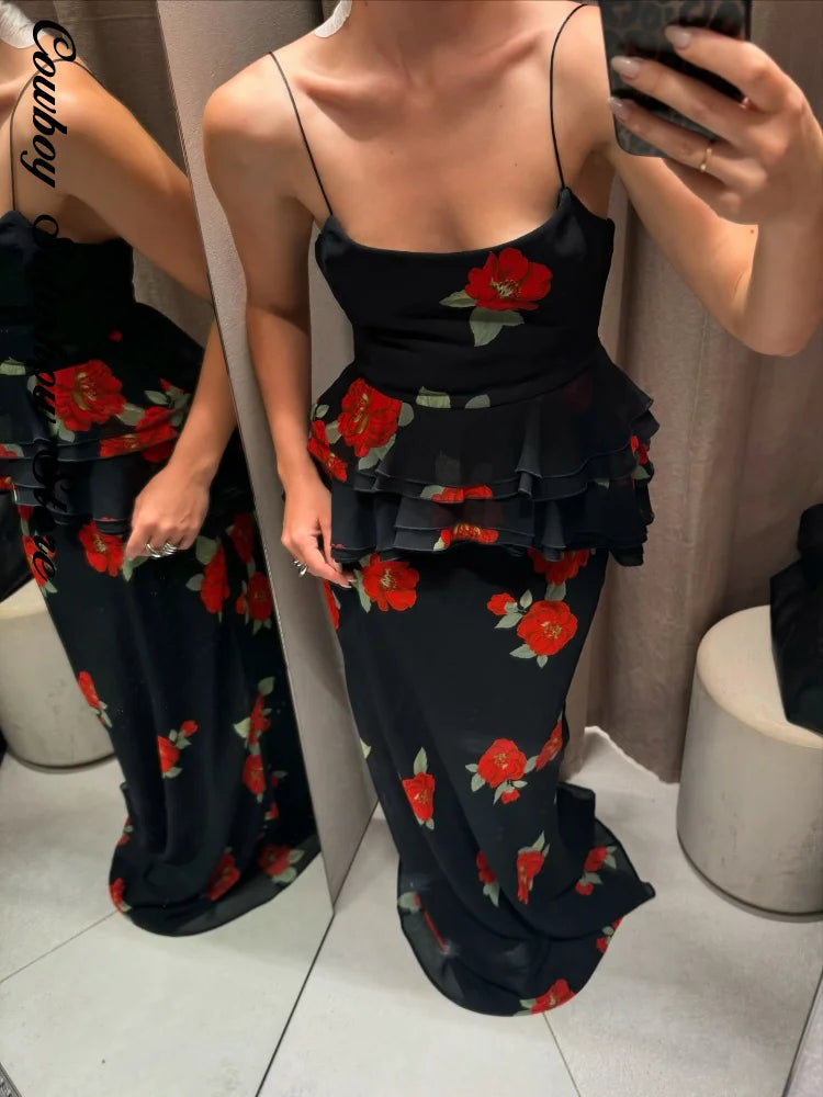 Printed Ruffle Top Skirt Set