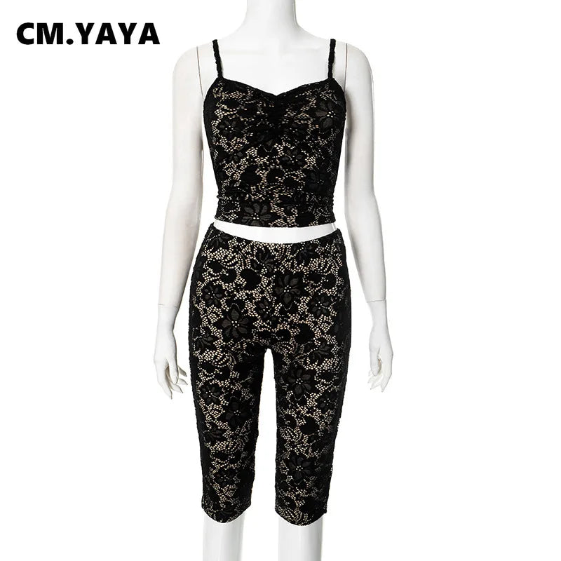 CM.YAYA Sleeveless Lace See Through Tops + Knee Length Shorts Set