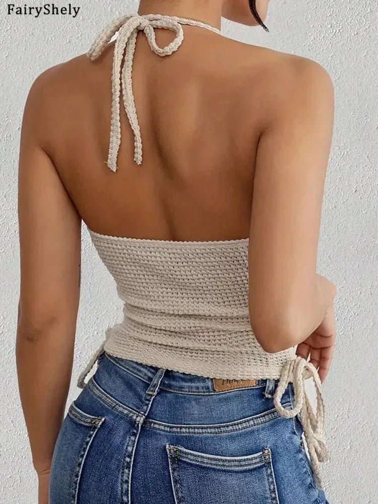 Waffle-Knit Chain Halter