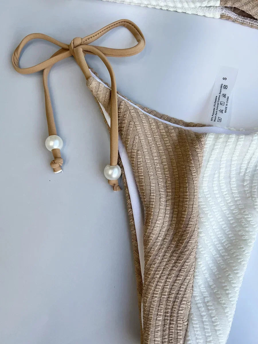 Splicing Halter Hollow Out Ribbed Bikini
