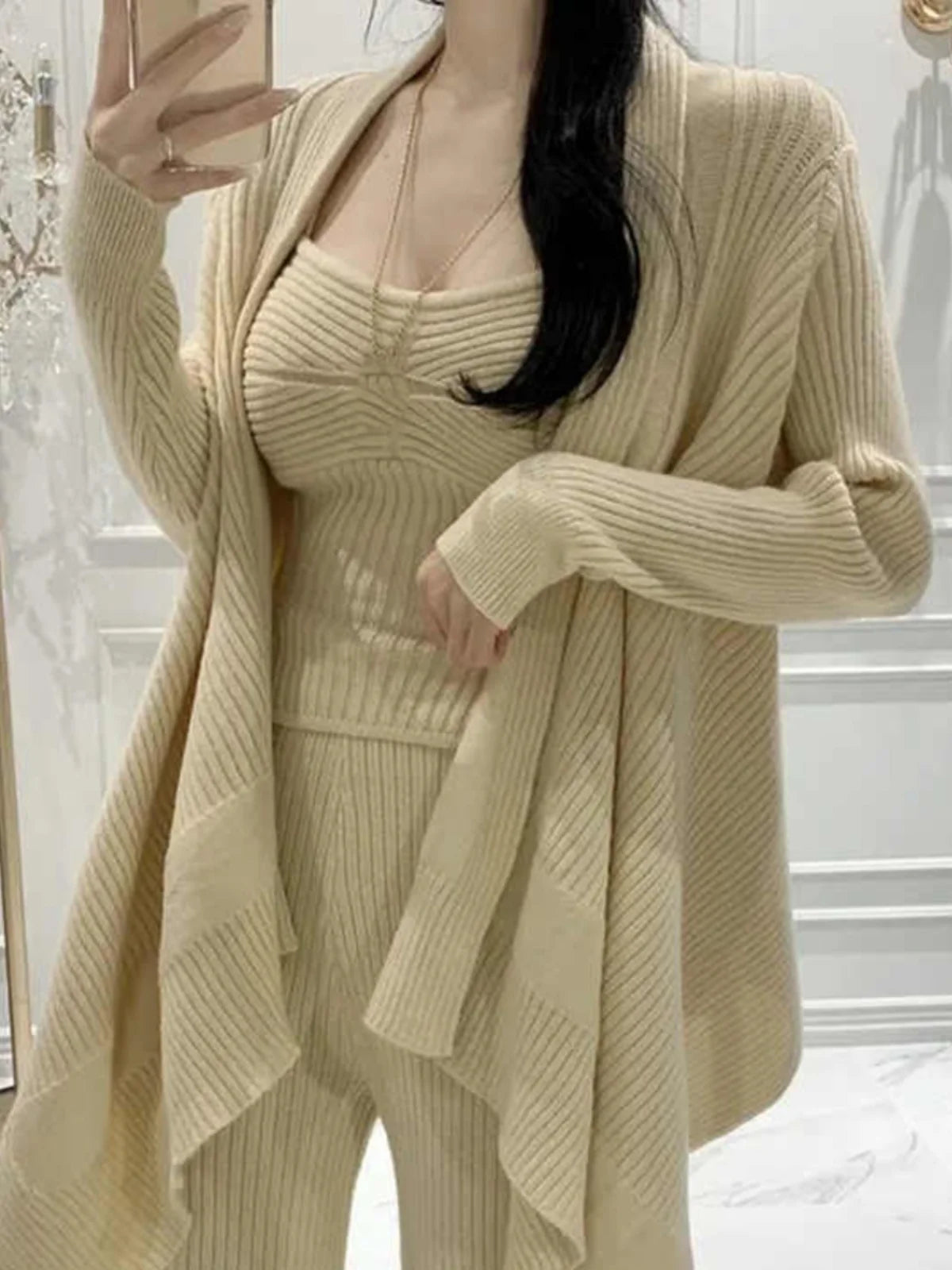 Knitted Sweater Cardigan High Waist Strap Vest Top Long Sleeve V-Neck Set