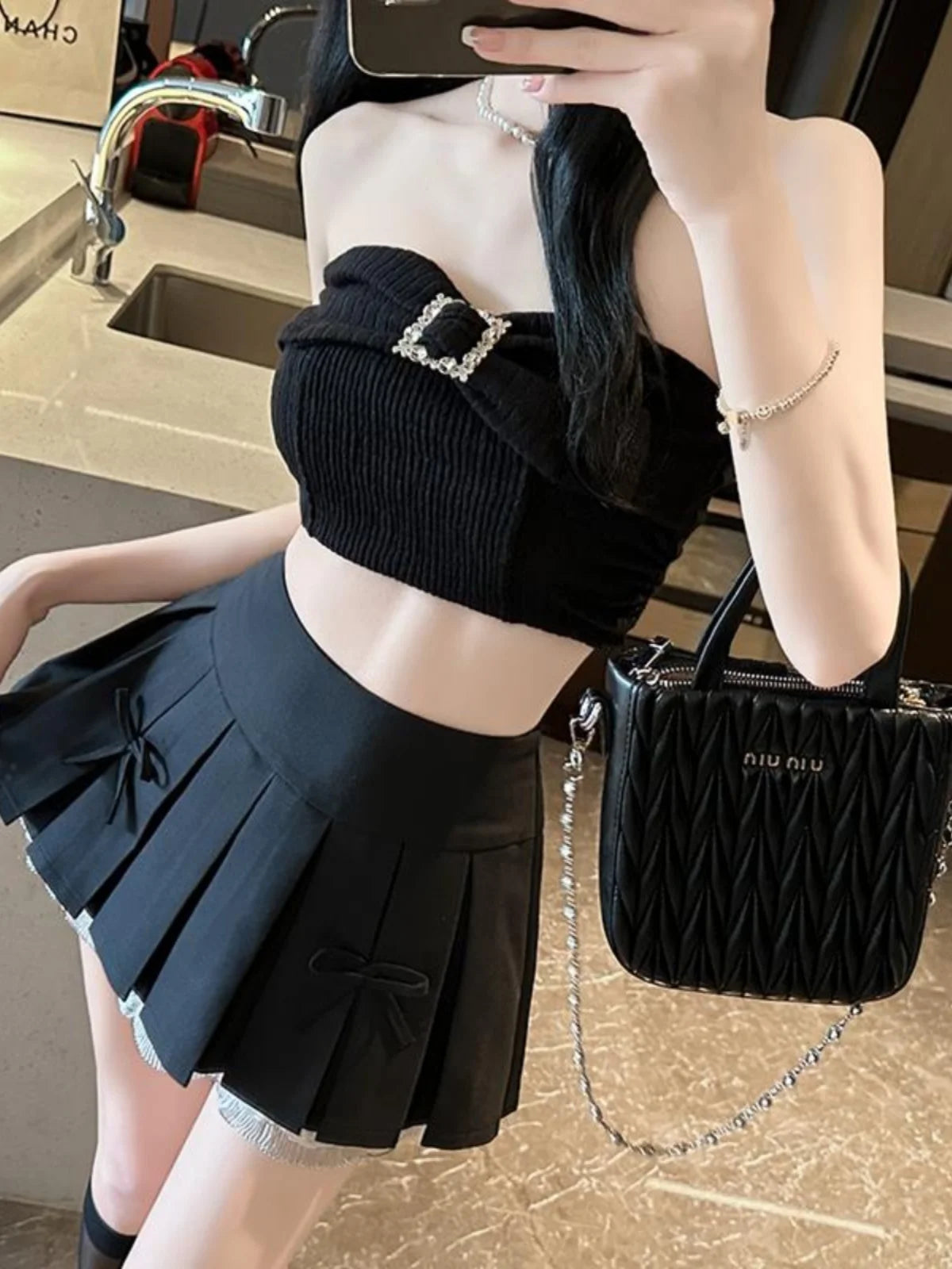 Knot Pleated High Waist Skirt