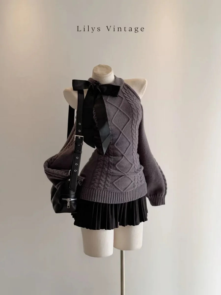 Long Sleeved Off Shoulder Sweater Lantern Sleeve Knitted Dress