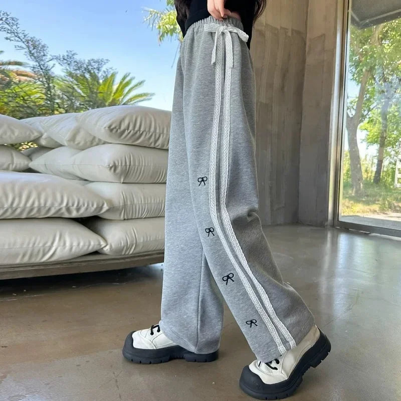 Side Striped Junior Girl Sports Pant Elastic Waist School Girl Straight Pant Dog Print Trouser