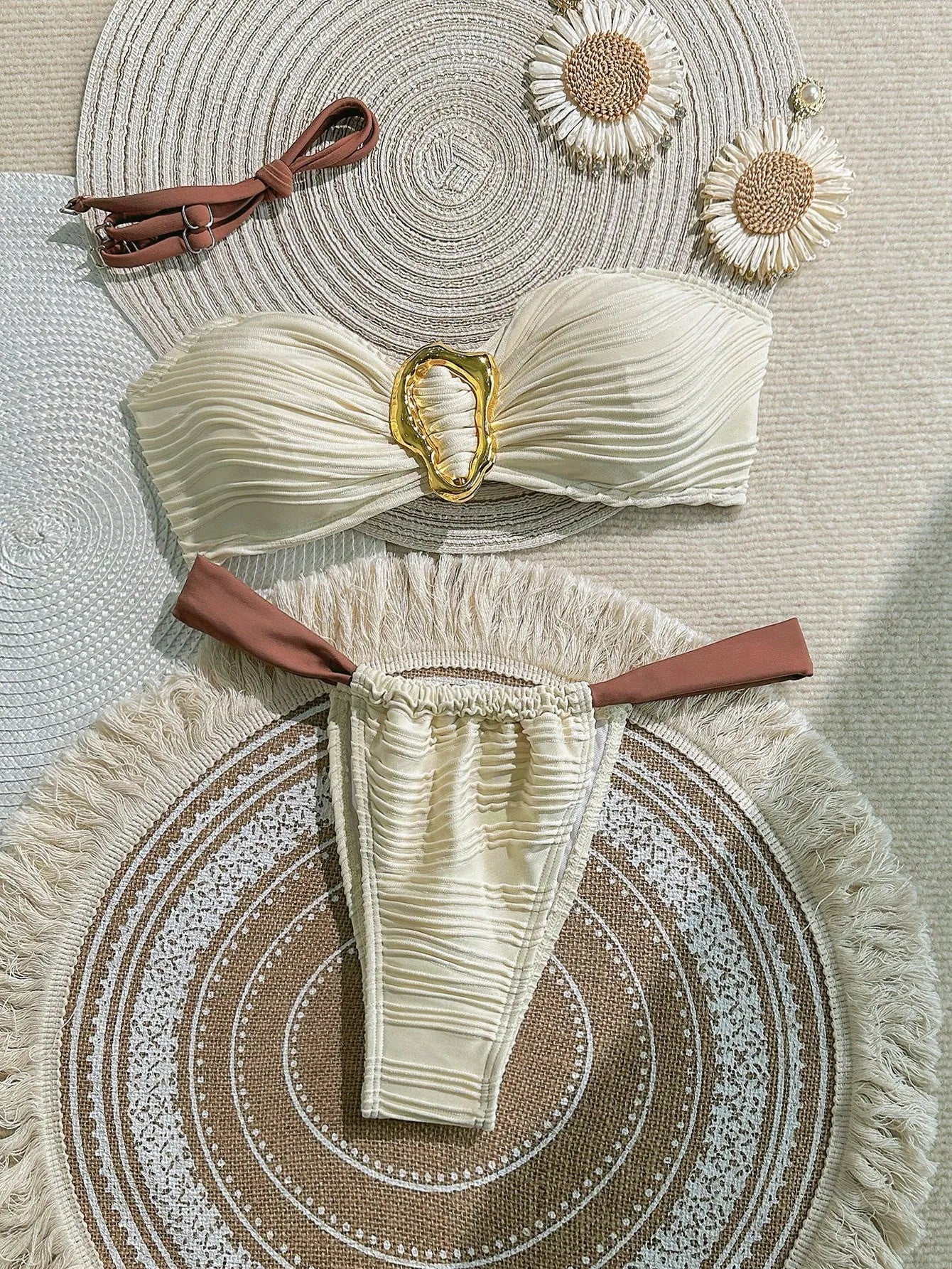 Textured Bandeau Bikini Set with Gold Detail & Terracotta Straps