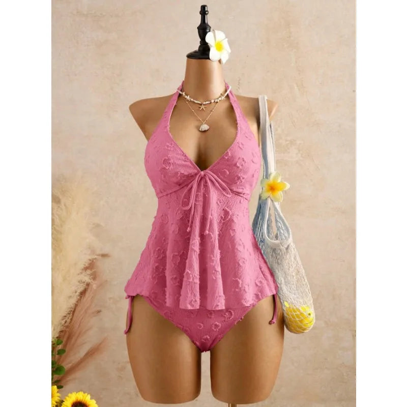 V Neck Halter Backless Lace Up Bikini