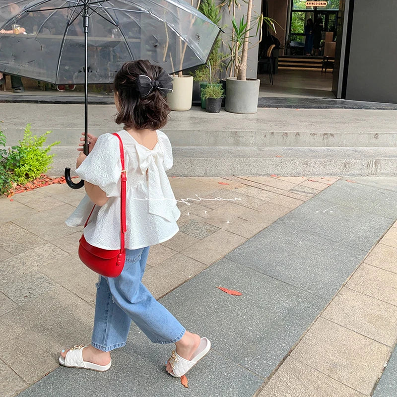 Bow Short Sleeve Sweet Square Neck Bubble Backless Top