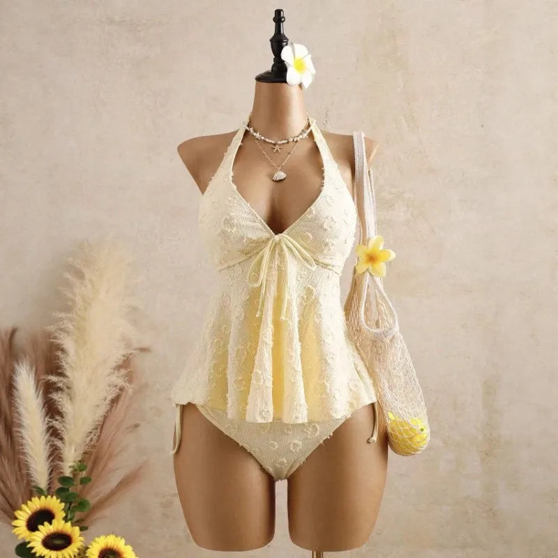 V Neck Halter Backless Lace Up Bikini