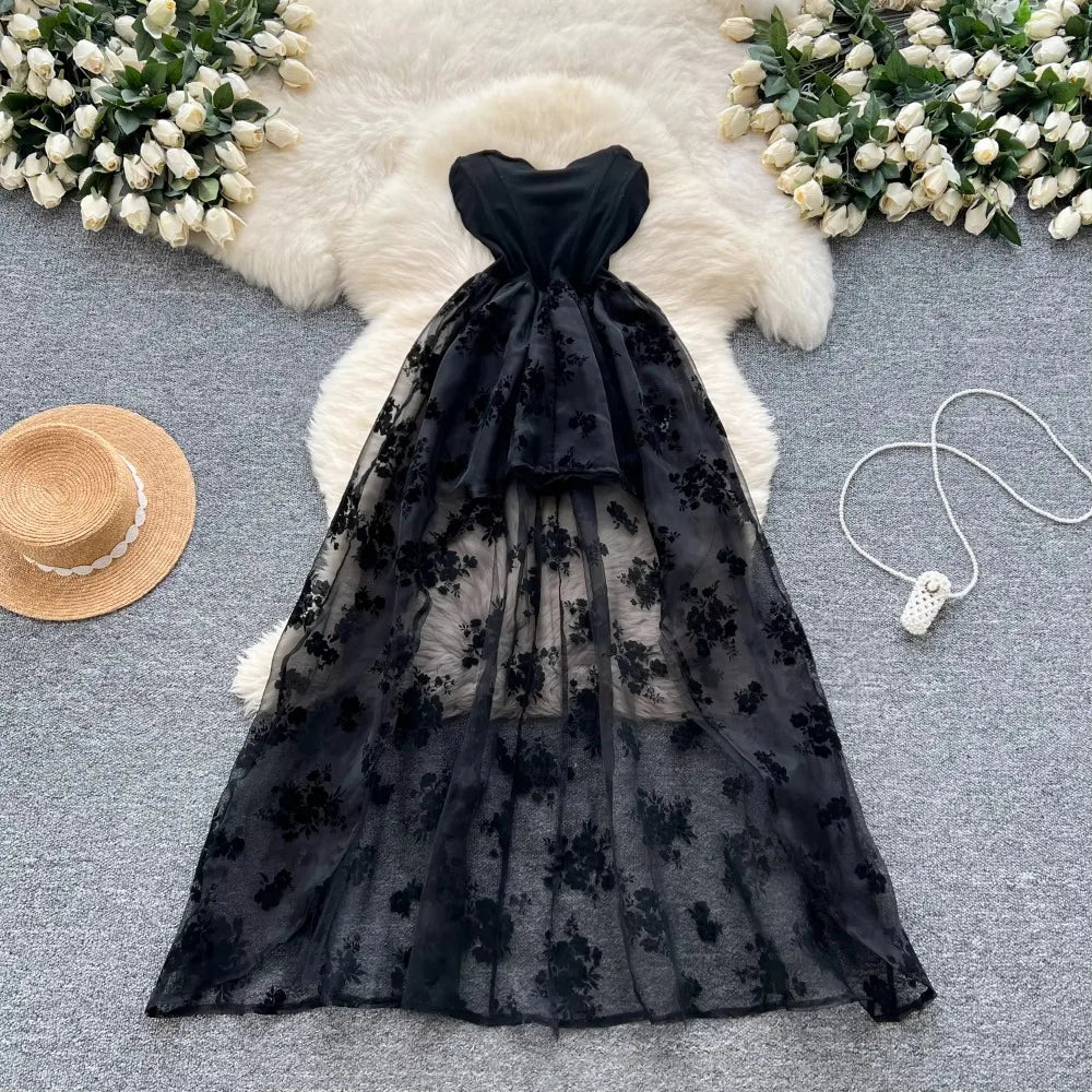 Flocking Print Chic Strapless Mesh Spliced Dress
