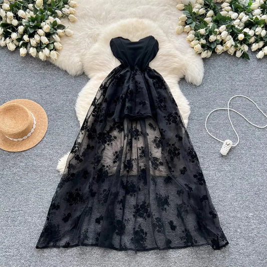 Flocking Print Chic Strapless Mesh Spliced Dress