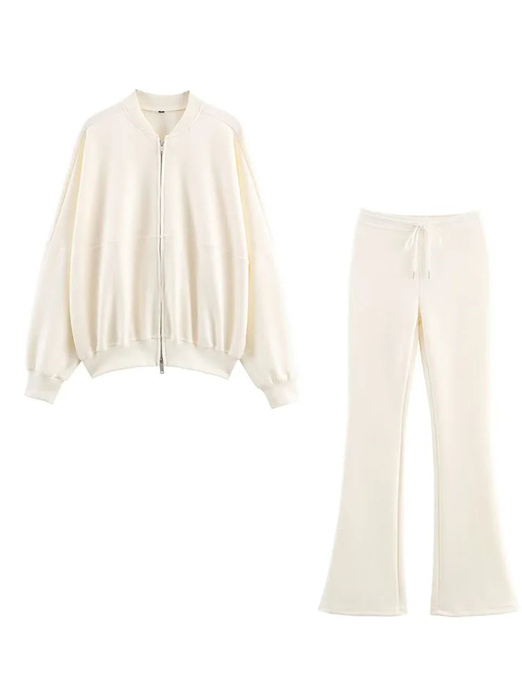 Solid Color Interlocked Pilot Jacket + High Waist Lace-Up Flared Pants Set