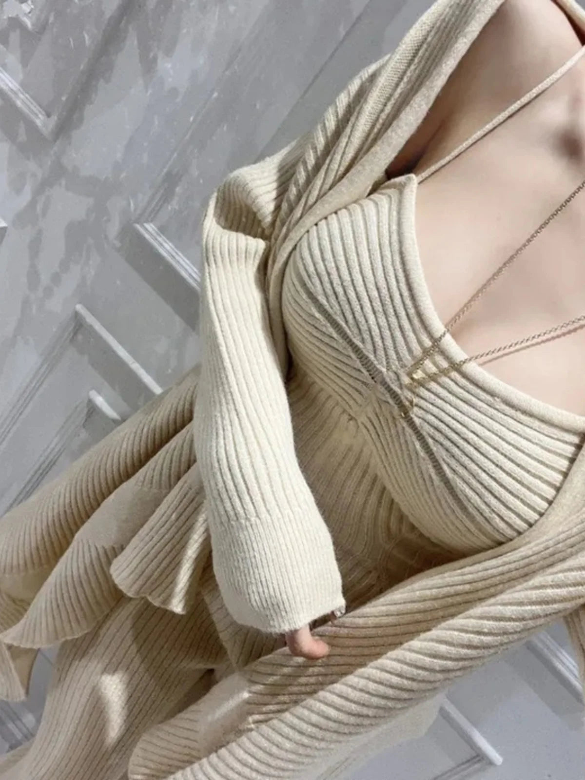 Knitted Sweater Cardigan High Waist Strap Vest Top Long Sleeve V-Neck Set