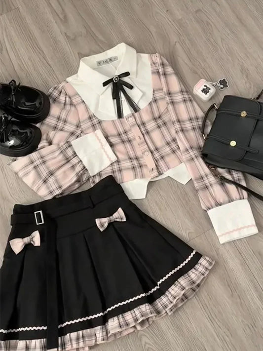 Sweet College Plaid Patchwork Shirt Pleated Skirt Set