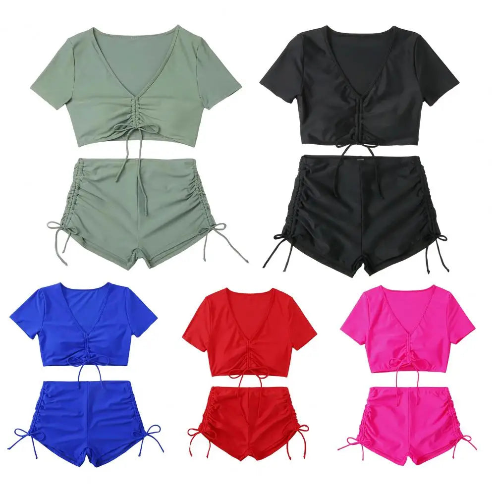 Women Summer Bikini Set V-Neck Short Sleeve Tops High Waist Drawstring Swimming Trunks Swimsuit bikini swimwear 2024