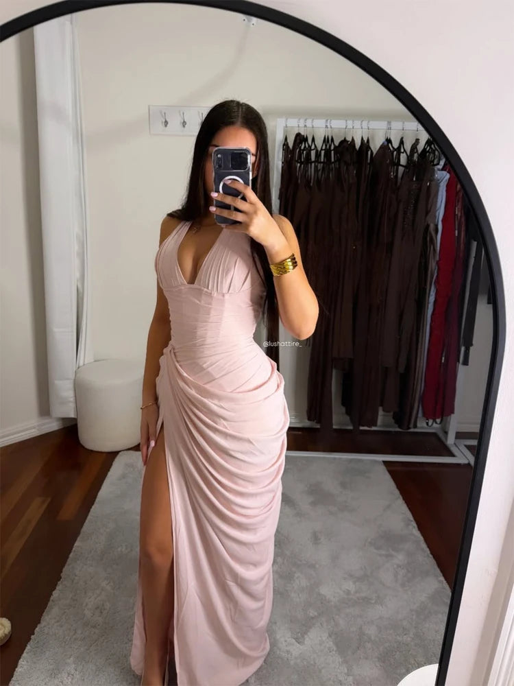 Solid Pleated Halter Dress