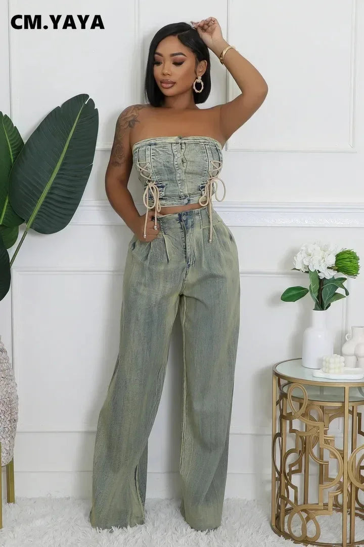 CM.YAYA Denim Set Sleeveless Strapless Top +Loose Jeans Pants