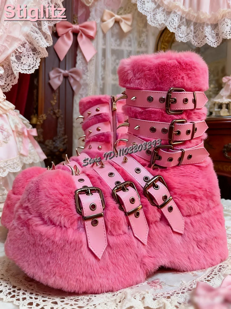 Rivet Platform Plush Furry Mid-Calf Boots