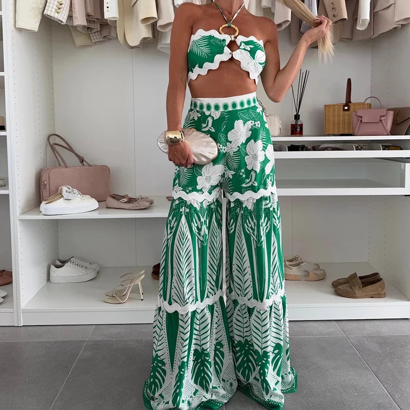 Fashion High Waisted Set Holiday Beach Tropical Plant Printed 2 Piece Set Casual Sleeveless Halter Vest & Wide Leg Pants Outfits