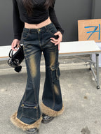 Faux Fur Denim Flare Pants