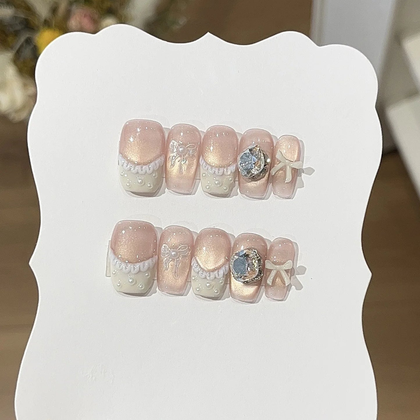 10pc Blue Cat Eye Handmade Press on Nails Flower Fake Nails False Nails Artificial Nail Wearable Detachable Nail Tips Art Uñas