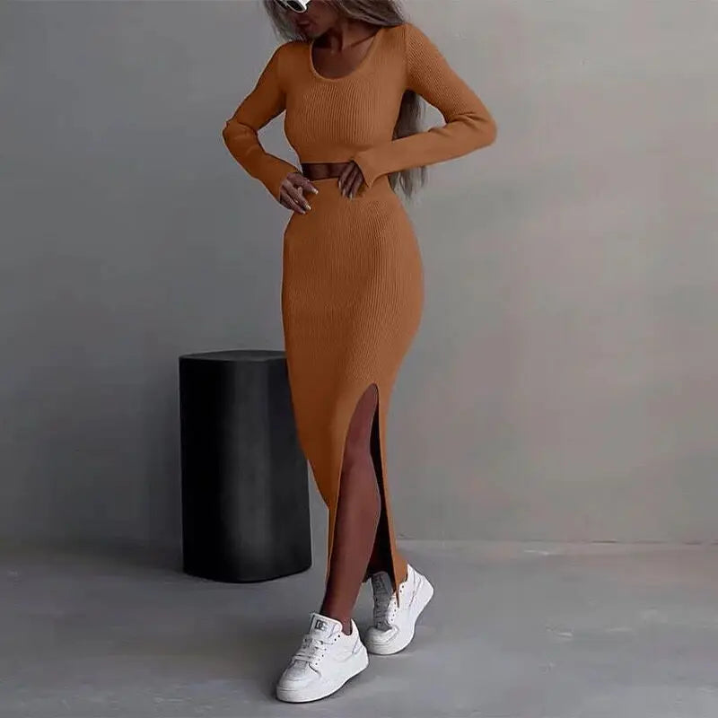 Solid Color Knit Long Sleeve T-Shirt Half Body Side Slit Bodycon Skirt 2-Piece Set