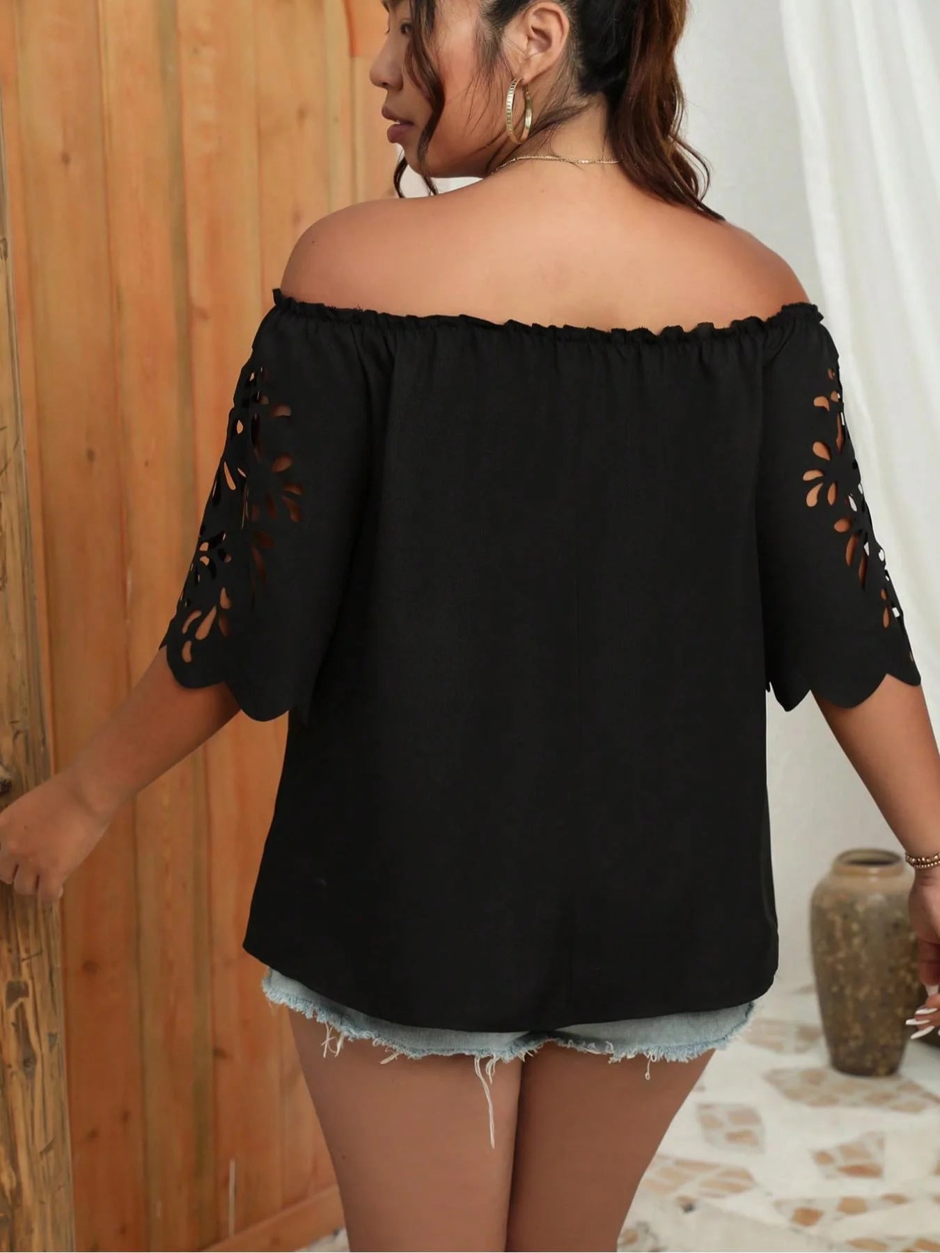 Off-The-Shoulder Top with Cutout Eyelet Sleeves